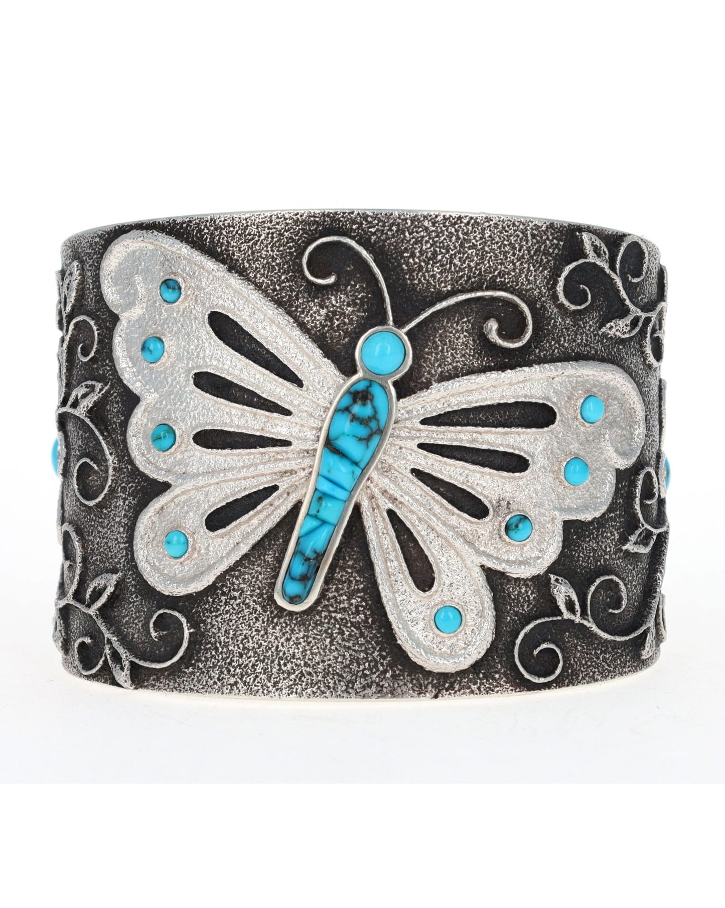 Bracelet en turquoise naturelle de haute qualité de Lone Mountain en tufa avec papillon et 2 fleurs