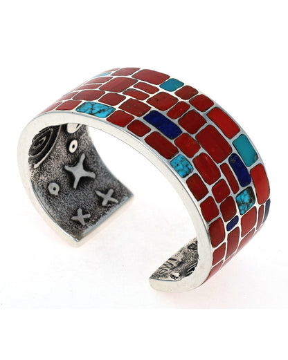 Tufa Cast Multi-Color Inlay Bracelet With Interior Petroglyph Figures