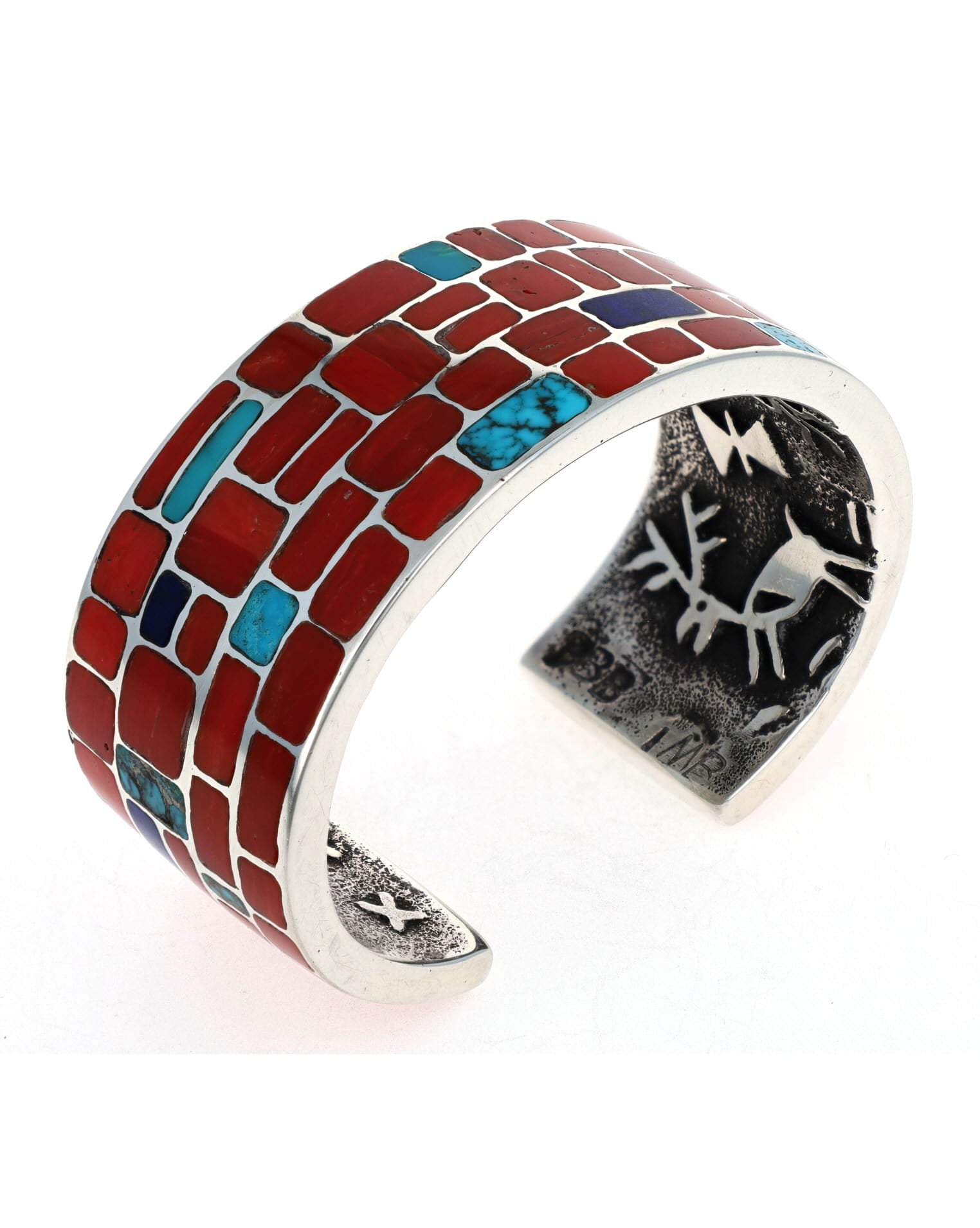 Tufa Cast Multi-Color Inlay Bracelet With Interior Petroglyph Figures