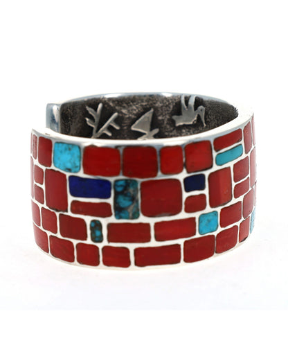 Tufa Cast Multi-Color Inlay Bracelet With Interior Petroglyph Figures