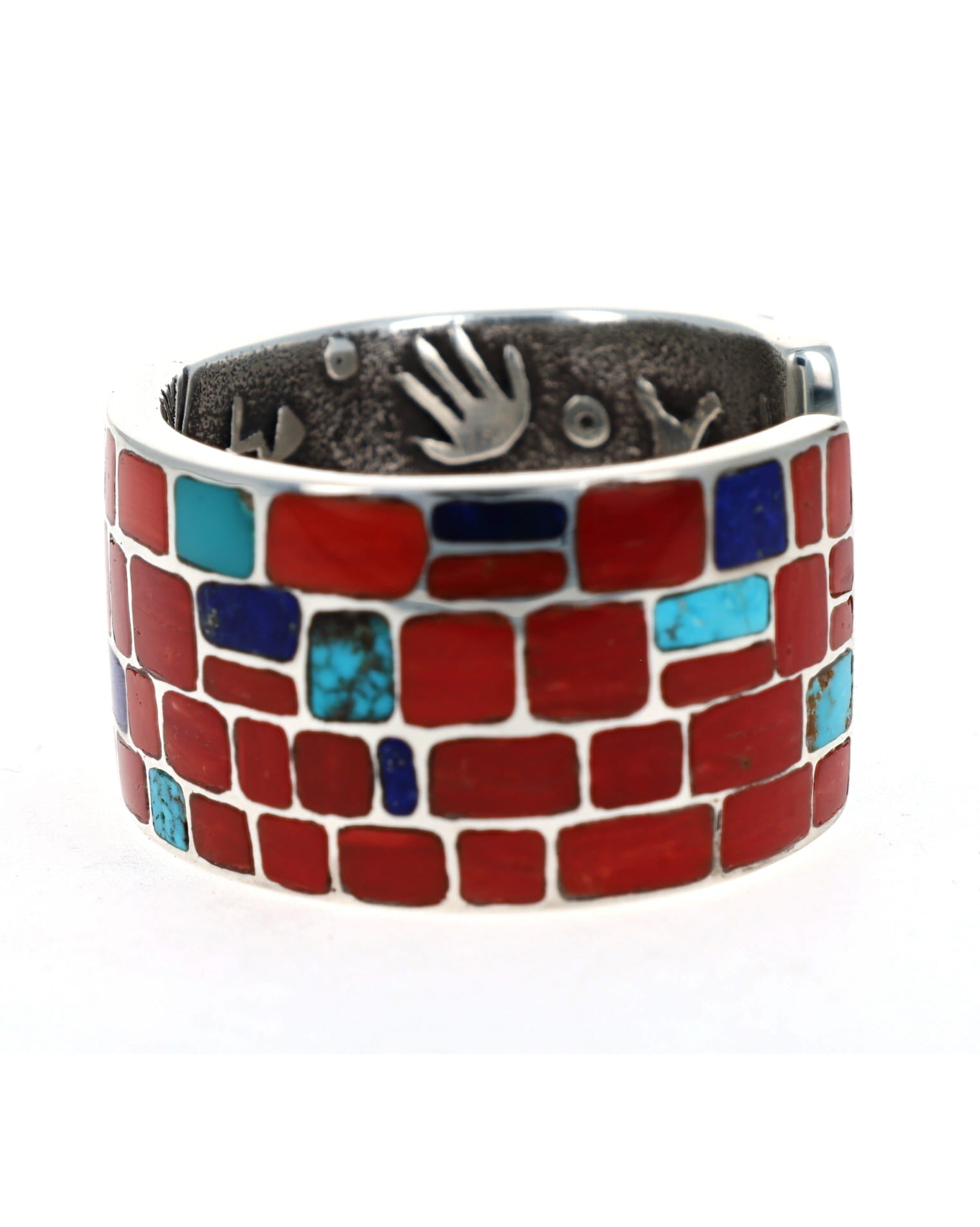 Tufa Cast Multi-Color Inlay Bracelet With Interior Petroglyph Figures