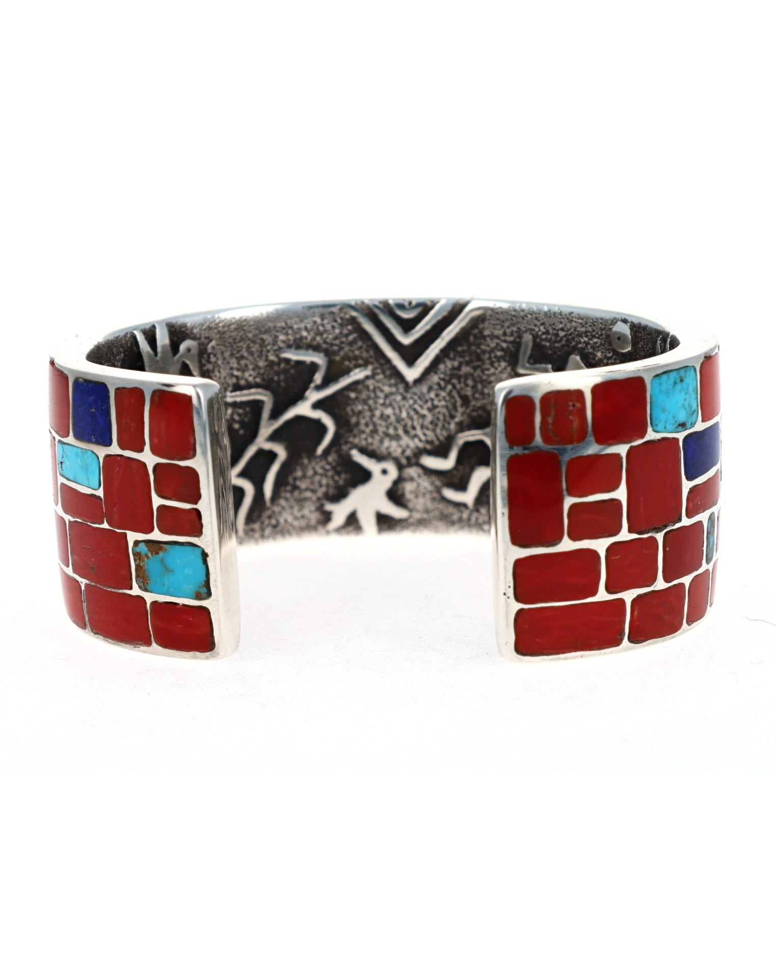 Tufa Cast Multi-Color Inlay Bracelet With Interior Petroglyph Figures