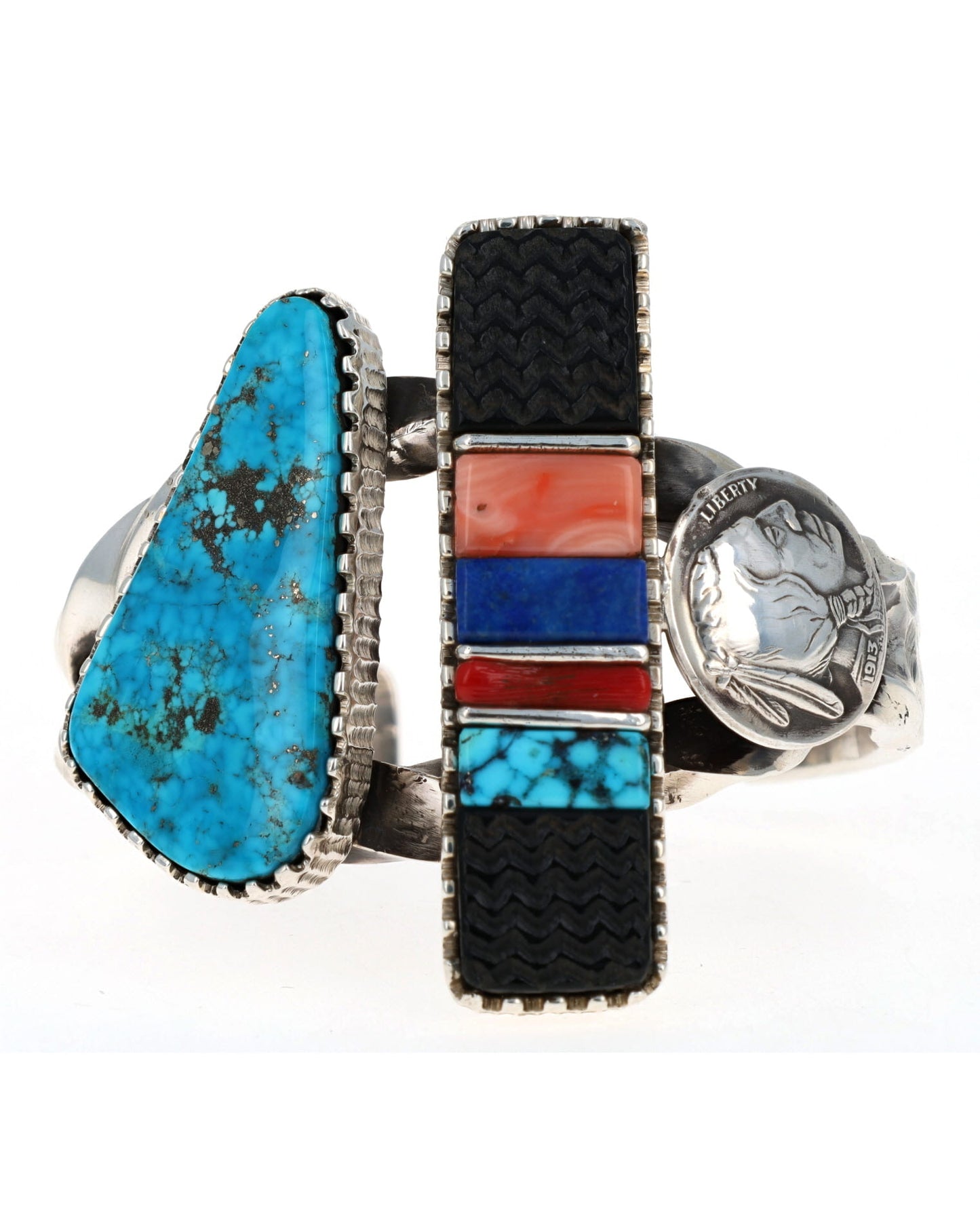 High Grade Natural Morenci Turquoise Bracelet With Multi-Color Raised Cobblestone Inlay