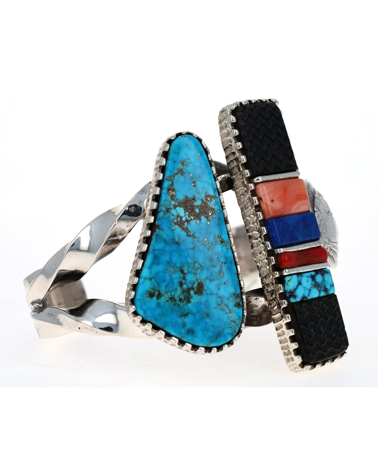 High Grade Natural Morenci Turquoise Bracelet With Multi-Color Raised Cobblestone Inlay