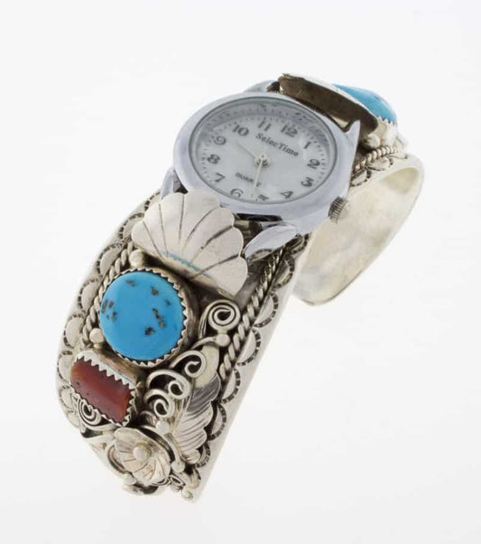 Kingman Turquoise & Mediterranean Coral Watch Bracelet