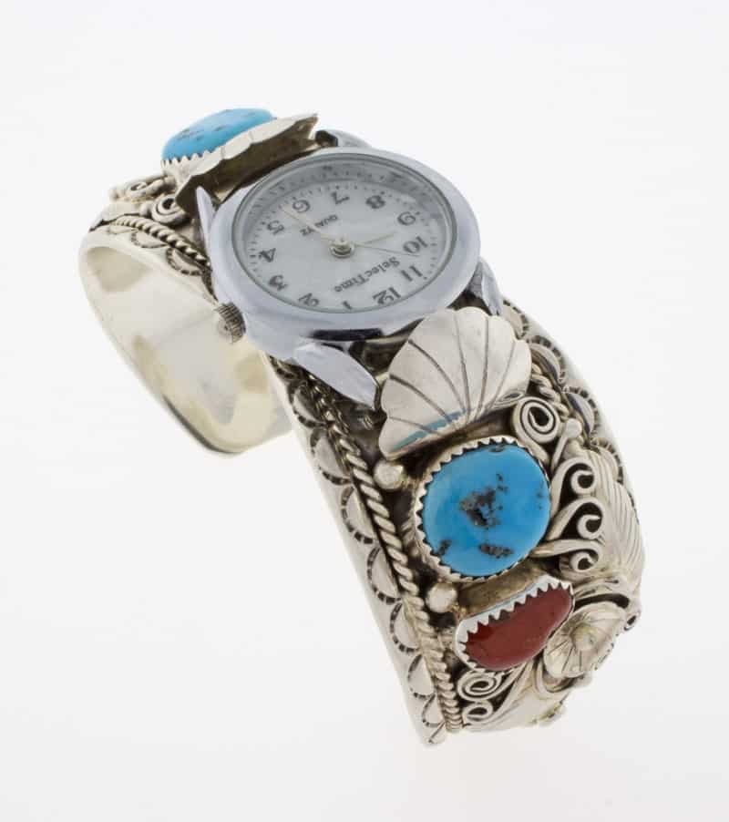 Kingman Turquoise & Mediterranean Coral Watch Bracelet