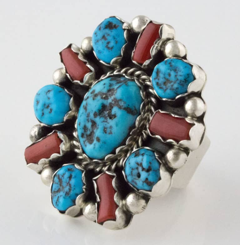 Turquoise & Coral Cluster Ring